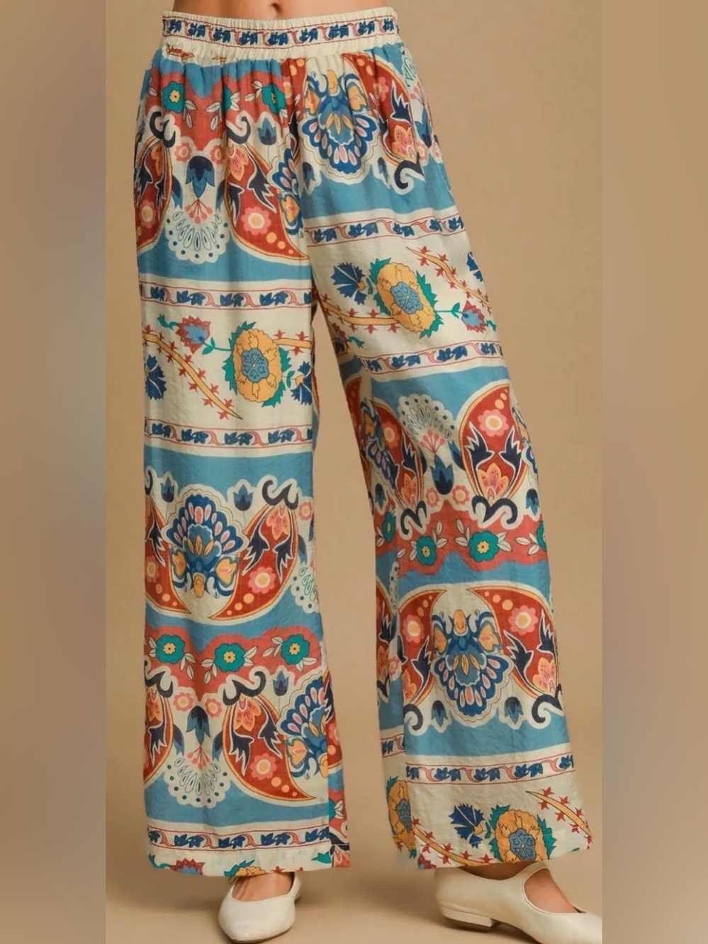 Umgee Teal, Coral & Cream Wide-Leg Border Print Pants